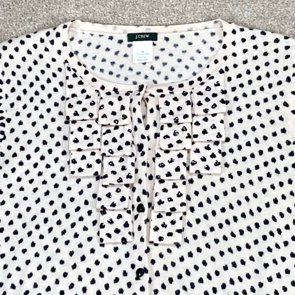 J. Crew Womens Sweater Medium Cream Black Polka Dot Merino Wool Cardigan - Picture 3 of 11